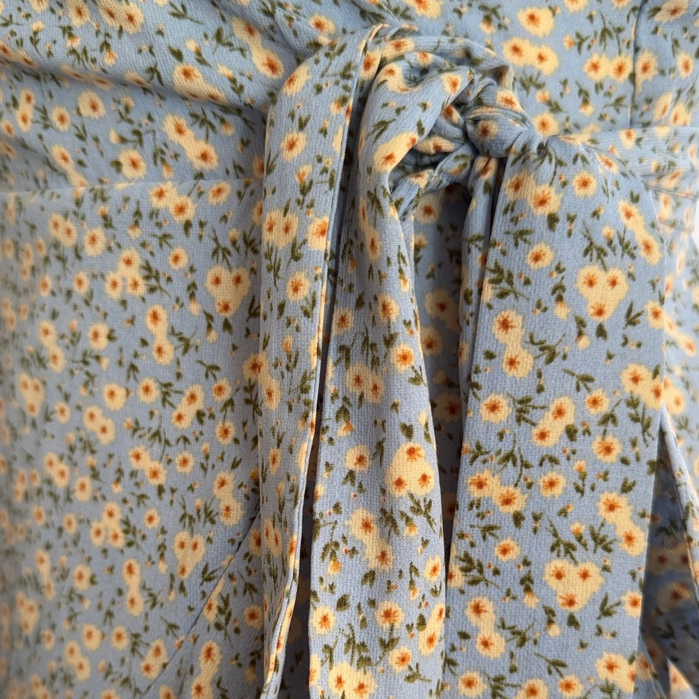 Light Blue and Yellow Floral Wrap Mini Dress - Picture 2 of 5